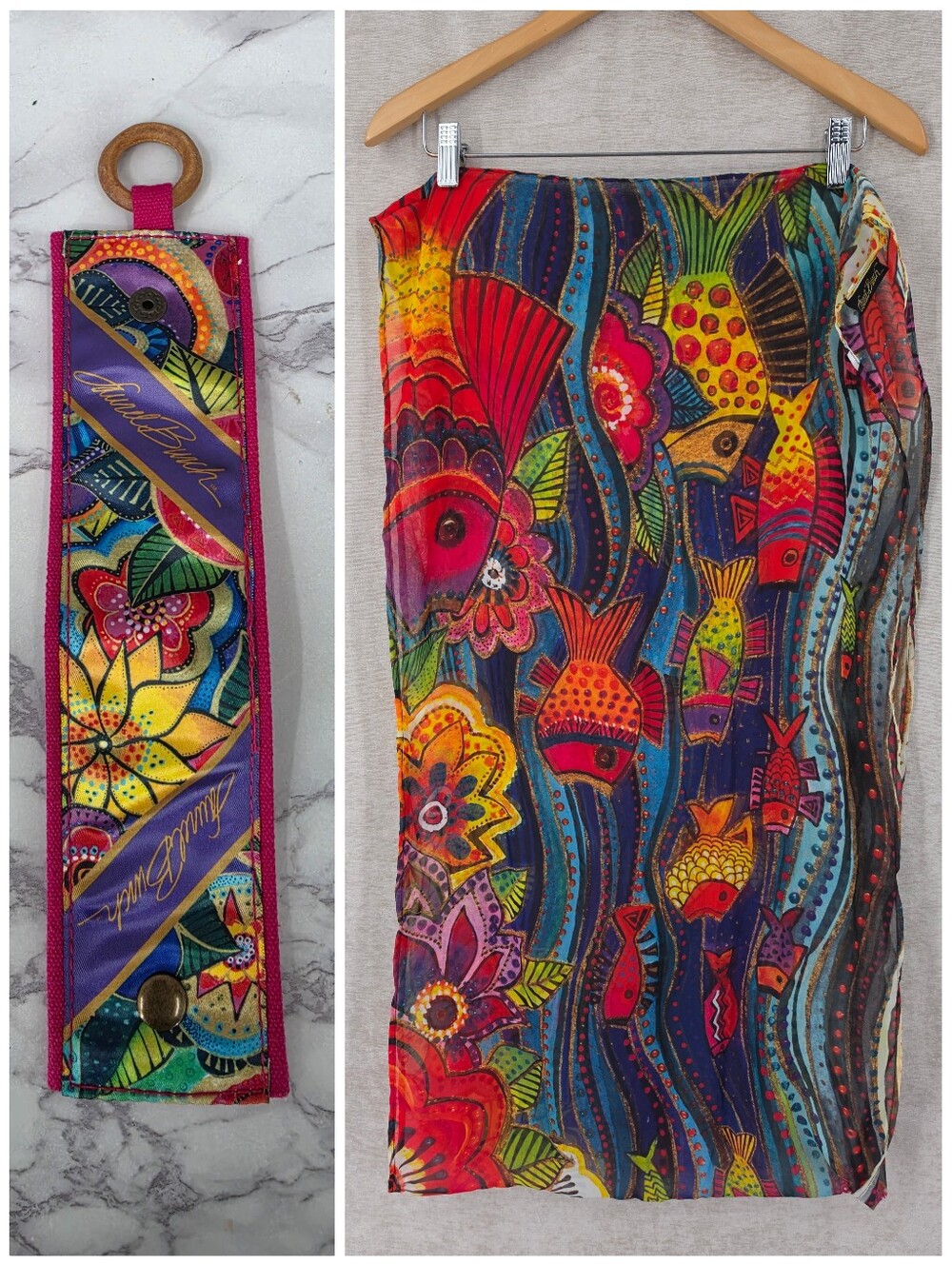 Laurel Burch Infinity Scarf ans Scarf Holder with Snap Closure Fish Pattern